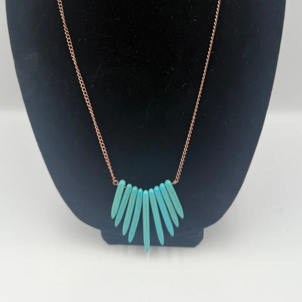 West & Co Turquoise Spike Fan Necklace Copper Tone Southwestern Boho Statement